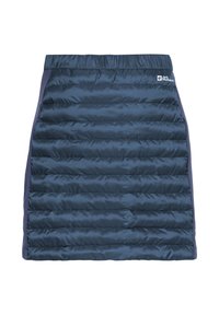 Gevoerde, marineblauwe, doorgestikte rok met elastische tailleband, met een gerimpelde textuur en effen kleur, accentueert met een donkerblauw zijpaneel.