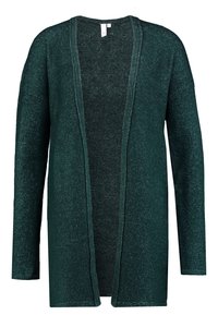 Zielony kardigan z otwartym przodem, wykonany z teksturowanej, błyszczącej dzianiny. Posiada długie rękawy i luźny krój. Brak guzików lub zapięć.