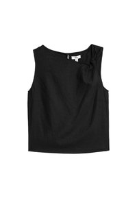 Top nero senza maniche con dettaglio a nodo su una spalla, texture liscia e fronte leggermente drappeggiato. Chiusura con zip sul retro.