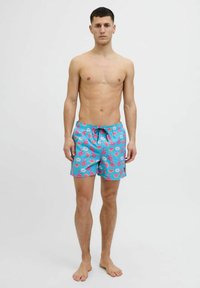 Costumi da bagno da uomo di colore blu brillante con un motivo tropicale di frutti e fenicotteri in rosa e verde. Presentano una vita elasticizzata con cordino.