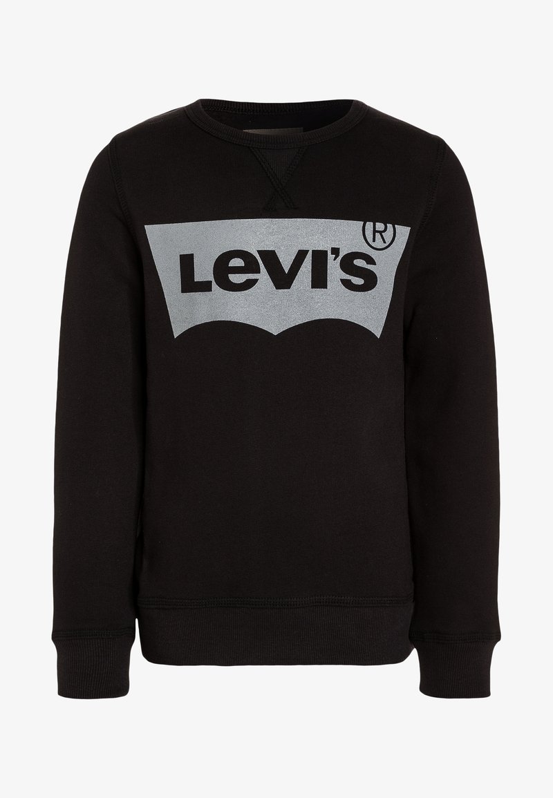 Sweatshirt noir à manches longues avec col rond, poignets et ourlet côtelés, arborant un grand logo Levi's argenté réfléchissant sur la poitrine.