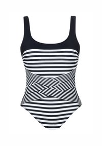 Maillot de bain une pièce à rayures noires et blanches avec de larges bretelles, présentant un design croisé à la taille et une jambe haute. Texture de tissu lisse.