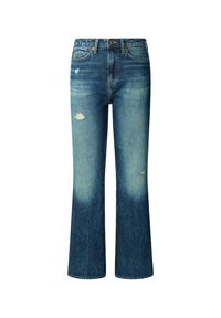 Blauwe denim jeans met een licht uitlopende pijp, lichte vervaging op de bovenbenen en versleten vlekken aan de voorkant. Klassiek 5-pocket ontwerp.