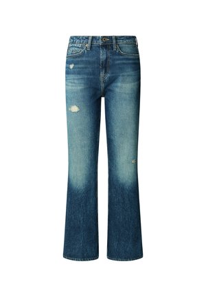 Blauwe denim jeans met een licht uitlopende pijp, lichte vervaging op de bovenbenen en versleten vlekken aan de voorkant. Klassiek 5-pocket ontwerp.