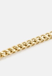 Gold metal chain with interlocking links, featuring a twisted design and smooth, polished texture. This accessory has a uniform, shiny finish.