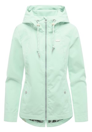 Hellgrüne Damen-Regenjacke mit Kapuze, Frontreißverschluss, verstellbaren Kordelzügen an der Kapuze und Druckknopftaschen.