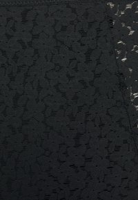 Black lace fabric with a floral pattern and textured surface. Features a smooth waistband and a semi-sheer section on the side.