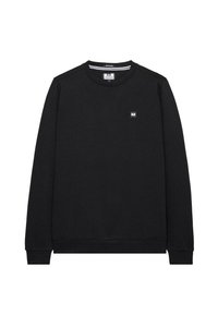 Sudadera negra de algodón con un cuello redondo, mangas largas, un dobladillo acanalado y un pequeño parche con el logo en el pecho.