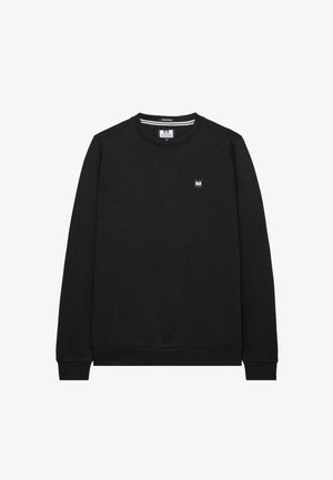 Musthave musta puuvillane dressipluus ümmarguse kaeluse, pikkade varrukate, ribatud alläärte ja väikese logoga rinna peal.