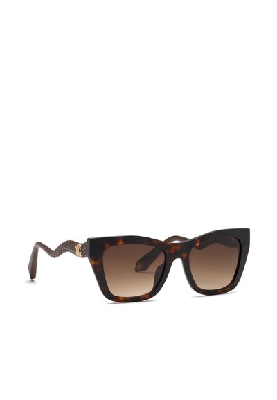 Lunettes de soleil œil de chat en écaille avec verres marron dégradés et branches tressées texturées sur fond blanc.