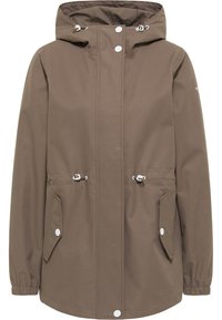 Veste imperméable marron avec capuche, cordons de serrage, boutons-pression, deux poches latérales et poignets élastiqués. Tissu lisse et texturé.