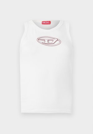 Canottiera bianca senza maniche con un logo Diesel ricamato di un rosa chiaro sul petto. Realizzata in morbido cotone, con una texture liscia.