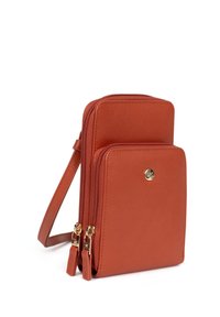 Borsa a tracolla arancione in pelle con due compartimenti con zip, dettagli in oro e una texture liscia. Cinghia regolabile. Forma rettangolare.