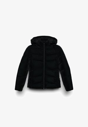 Black padded jacket with a hood, featuring a front zipper, diagonal quilted pattern, and side pockets. Smooth, shiny texture.