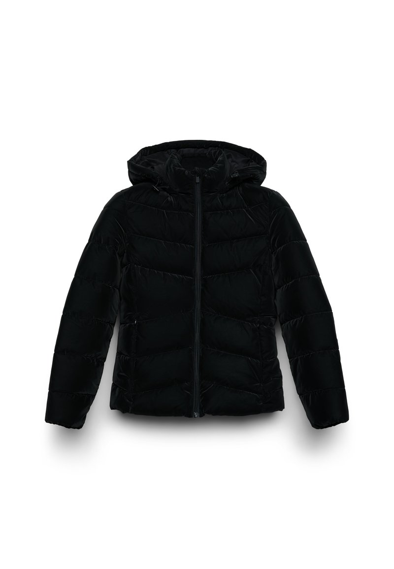 Giacca imbottita nera con cappuccio, dotata di zip frontale, motivo a rombi diagonali e tasche laterali. Texture liscia e lucida.