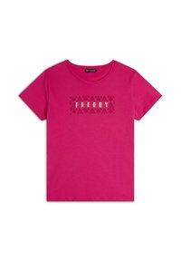 Camiseta de algodón magenta con un logo impreso central "FREDDY" rodeado de un patrón decorativo en negro. Cuello redondo y mangas cortas.