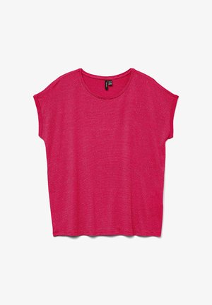 Felroze, kortärmelig, gebreide top met subtiele horizontale strepen en een ronde hals, plat neergelegd op een witte achtergrond.