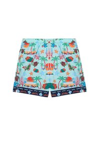 Shorts de bain pour homme avec une couleur de base bleu clair, des motifs tropicaux comprenant des palmiers, des poissons et une camionnette. Bande marine avec le texte "Aloha". Ceinture élastique.