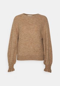 Maglione marrone lavorato a maglia con texture a coste, scollo rotondo e maniche lunghe con polsini arricciati. Accentuato con bottoni color oro.