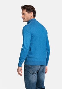 Blauwe, gestructureerde pullover met een hoge kraag, slim-fit ontwerp en geribbelde manchetten, gecombineerd met denim jeans. Schoon achteraanzicht.
