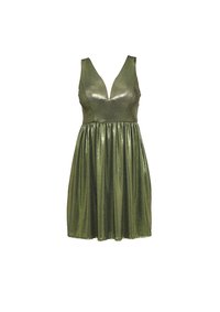 Robe métallique verte avec un décolleté en V profond, sans manches, et une jupe évasée. Caractérisée par une texture brillante et un corsage ajusté.