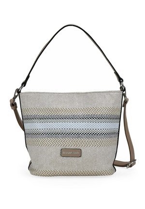 Bolso de hombro tejido en beige y blanco con rayas negras y marrones, asa superior única y correa cruzada ajustable desmontable.