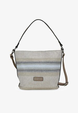 Bolso de hombro tejido en beige y blanco con rayas negras y marrones, asa superior única y correa cruzada ajustable desmontable.
