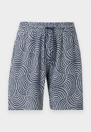 Μπλε σκούρο και λευκά σορτς με κυκλικά κυματιστά σχέδια και μπλε σκούρο κορδόνι στη ελαστική μέση.
