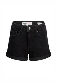 Black denim shorts featuring a high waist, rolled cuffs, and front pockets. Includes a button and zip fly closure with brand label.