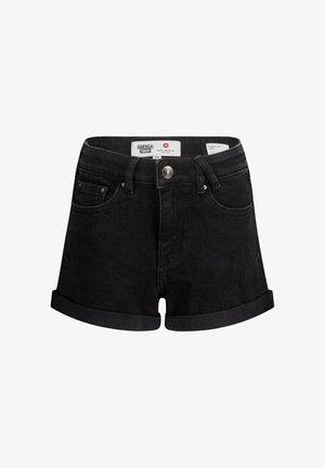 Zwarte denim shorts met een hoge taille, opgerolde zoom en voorzakken. Inclusief een knoop- en ritssluiting met merkembleem.