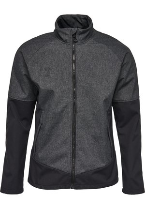 Dunkelgraue und schwarze Softshelljacke mit durchgehendem Frontreißverschluss, hohem Kragen und langen Ärmeln mit schwarzen Stoffeinsätzen.
