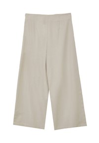 Pantaloni beige a gamba larga con una texture liscia, caratterizzati da una vita alta e senza chiusure visibili, progettati per una vestibilità morbida.