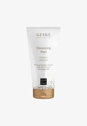 GESKE Cleansing Peel in een witte tube met gouden accenten. Bevat schurende bamboedeeltjes, Aloë Vera en Provitamine B5.