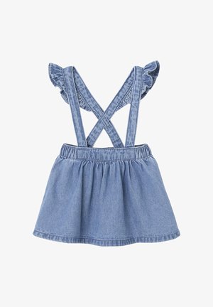 Blaues Denim-Kleid mit Rüschenträgern und gerafftem Bund, mit einem ausgestellten Rock und Kreuzträger-Design, weicher Textur.