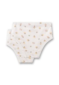 Zwei Paar weiße Baumwollunterwäsche mit floralem Muster in Pink, Gelb und Braun, mit dünnen elastischen Bund und Zickzacknähten.