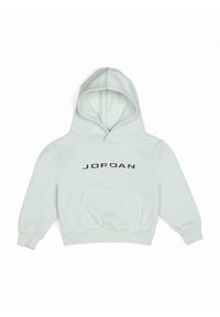 Sweat à capuche vert clair avec une poche avant, une capuche ajustable, et "JORDAN" imprimé en noir sur la poitrine. Matière douce et manches avec poignets côtelés.