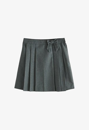 Szara plisowana spódnica z kokardą na pasku po prawej stronie, wykonana z gładkiej, strukturalnej tkaniny, o długości do kolan.