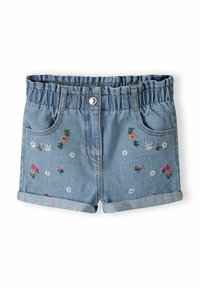 Denim-Shorts mit elastischem Bund, hellblaue Farbe, florale Stickerei in Rosa, Gelb und Weiß sowie umgeschlagenen Säumen.
