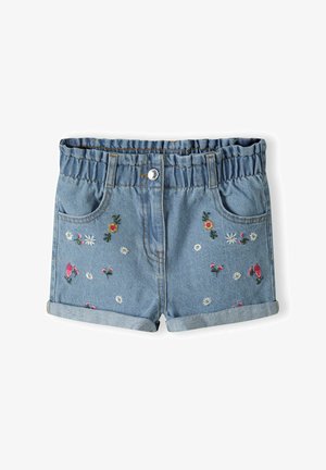 Denim kratke hlače z elastičnim pasom, svetlo modre barve, s cvetličnim vezenjem v rožnati, rumeni in beli barvi ter zavitimi robovi.