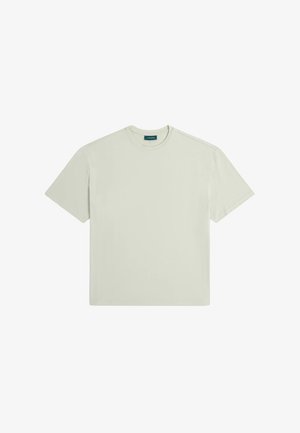 Lichtgroen katoen T-shirt met korte mouwen, ronde hals en een rechte silhouet. Kenmerkt zich door minimale stiksels en een label op de kraag.