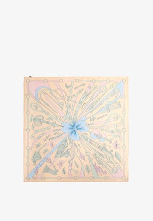 Foulard quadrato nei colori pastello rosa, blu e beige con un fiocco blu centrale e disegni lineari intricati di strumenti musicali e foglie.