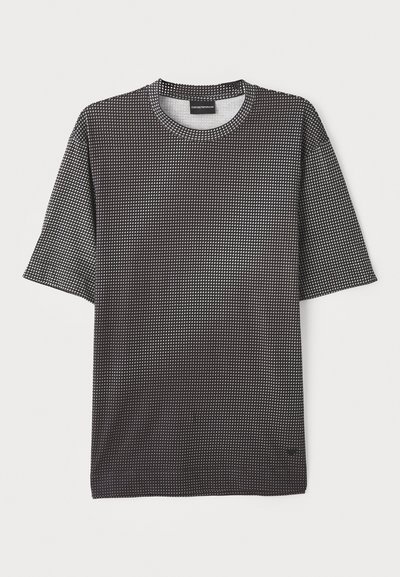 Black short-sleeve t-shirt with a textured pattern featuring small white squares, crew neck, and relaxed fit. Soft fabric with a smooth finish.
