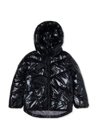 Giacca nera imbottita con finitura lucida, dotata di cappuccio, chiusura con zip e motivo a rombi. Tessuto morbido e design leggero.