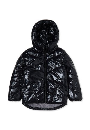 Giacca nera imbottita con finitura lucida, dotata di cappuccio, chiusura con zip e motivo a rombi. Tessuto morbido e design leggero.