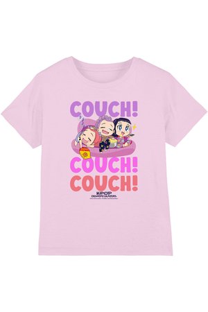 Light pink t-shirt with three animated characters lounging on a couch, holding popcorn and snacks, with "COUCH! COUCH! COUCH!" text above.