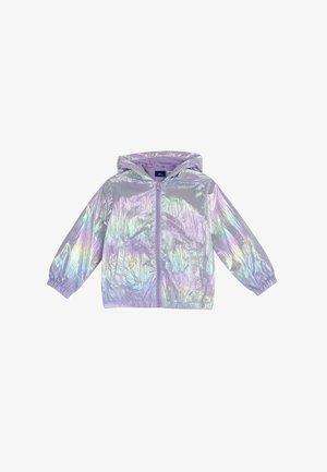 Veste à capuche lavande irisée pour enfants avec fermeture éclair sur toute la longueur, poignets élastiques et deux poches avant.