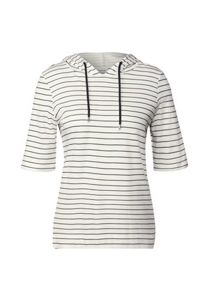 Hooded pullover in white fabric with navy horizontal stripes. Features short sleeves and a drawstring for the hood. Soft, casual design.