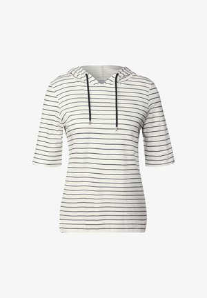 Pull à capuche en tissu blanc avec des rayures horizontales bleu marine. Doté de manches courtes et d'un cordon pour la capuche. Design doux et décontracté.