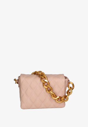 Borsa a tracolla imbottita di colore rosa con forma rettangolare, dotata di una robusta tracolla in catena dorata e design con pattina pieghevole. Superficie strutturata con motivi a diamante.