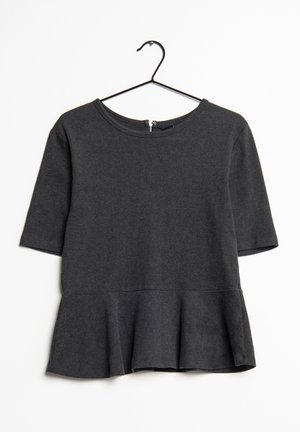 Dunkelgraues Kurzarm-Oberteil mit rundem Ausschnitt, Schößchen-Saum und Reißverschluss-Detail auf der Rückseite. Hergestellt aus einem weichen, elastischen Stoff.